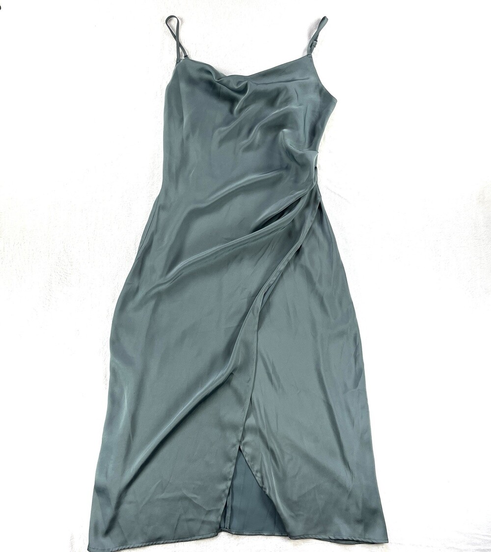 Molly Green Sage Green Satin Faux Wrap Cowl Midi Dress M
